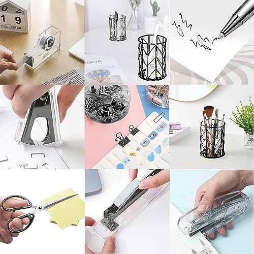 Office Desk Accessories，Office Supplies Set Acrylic Stapler Set Staple Remover, Tape Holder, Pen Holder, 2 Ballpoint Pen, Scissor, Binder Clips, Paper Clips and 1000pcs Staples(Black)