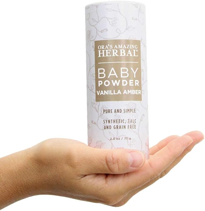 Ora's Amazing Herbal Baby Powder Talc-Free, Real Vanilla Amber Natural Scent, Cornstarch Free Arrowroot and Clay Based Powder, 2.5 oz