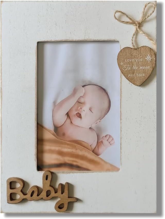 Baby Picture Frame 4x6 White Vertical Holds A Woven Heart Saying Love You to The Moon and Back,Gift for Baby Birthday and Newborn