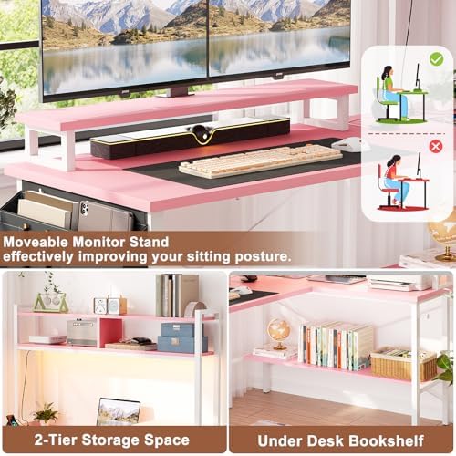 Aheaplus L Shaped Gaming Desk with Power Outlets & LED Lights, Pink