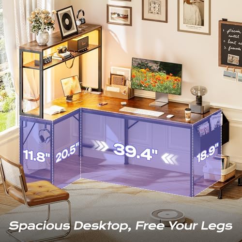 PRAISUN L Shaped Gaming Desk with LED Lights & Power Outlets