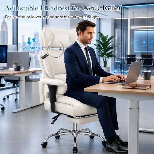 Big and Tall Office Chair 350 LBS, Scratch-Resistant PU Leather Executive Office Desk Chair with Footrest, Ergonomic Reclining Computer Chair with Pocket Spring Support for Home Office, Beige