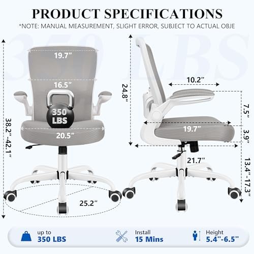 FelixKing Office Chair, Ergonomic Desk Chair Breathable Mesh Chairs Adjustable High Back Lumbar Support Flip-up Armrests, Executive Rolling Swivel Comfy Computer Chairs Home Office Gray