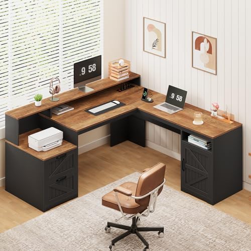 63" Farmhouse L Shaped Desk with Drawers & Printer Shelf for Home Office