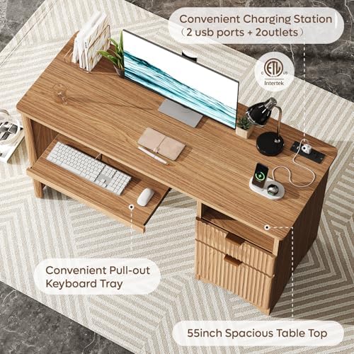 Bestier 55 Inch Computer Desk with Drawers, Power Outlet, Brown Oak