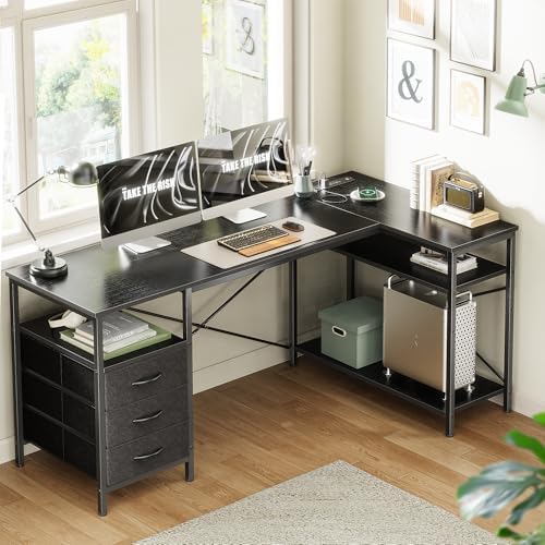 Huuger L Shaped Office Desk with Power Outlets & 3 Drawers