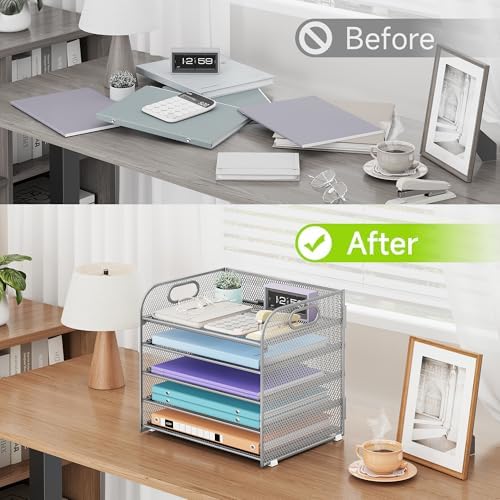 Cawukege 5 Tier Paper Organizer with Handle, Silver Metal Mesh Desk Organizer File Folder Paper Letter Tray Desktop Document Sorter for Classroom, School, Office Accessories Organization and Storage
