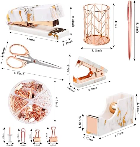 Rose Gold Marble Desk Accessories, Office Supplies Set Stapler Staple Remover, Tape Holder, Pen 2 Ballpoint Pen, Scissor, Binder Clips, Paper Clips and 1000pcs Staples