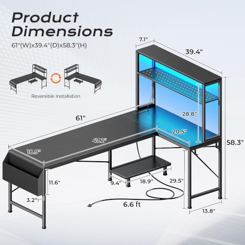 PRAISUN L Shaped Gaming Desk with LED Lights & Power Outlets