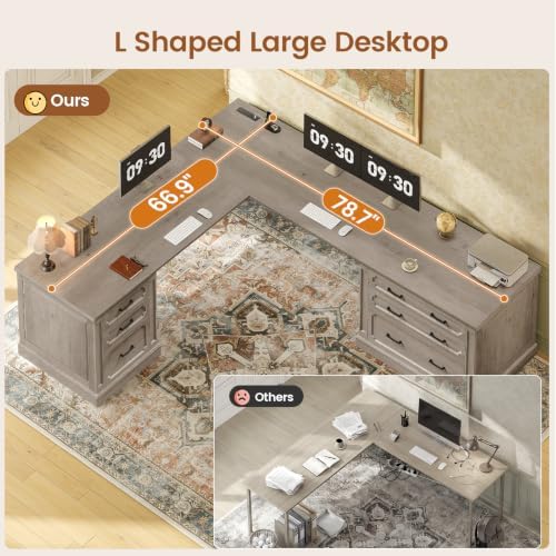 SEDETA Farmhouse 78.8" L Shaped Desk with 6 Drawers, Home Office Desk with Power Outlet, File Cabinet Storage, Wood Corner Computer Desk for Work and Study, Gray