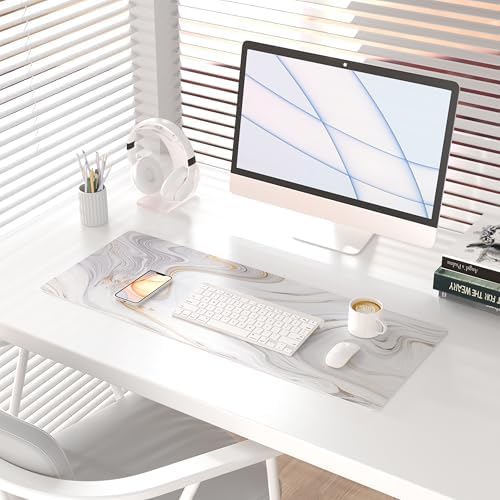 QiyI PU Leather Large Mouse Pad, 31.5" x 11.8", Gold Grey Striped
