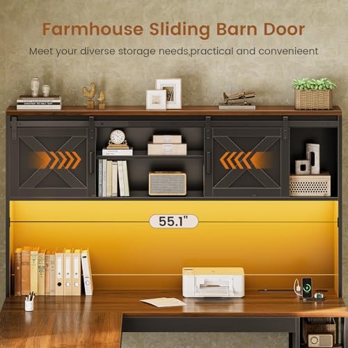 SEDETA 67" Farmhouse L Shaped Desk with Hutch, Black+Brown