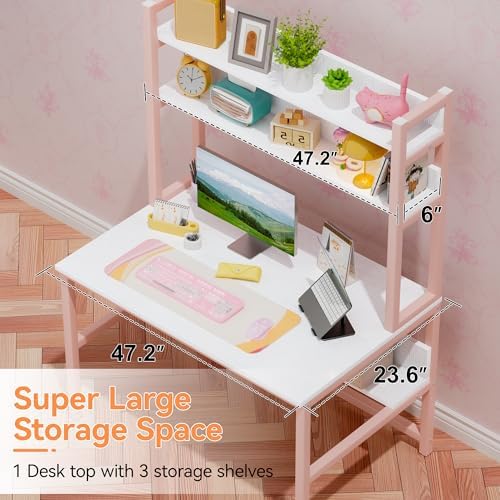 Aquzee Pink Desk with Shelves, Computer Desk with Hutch, 47 Inch