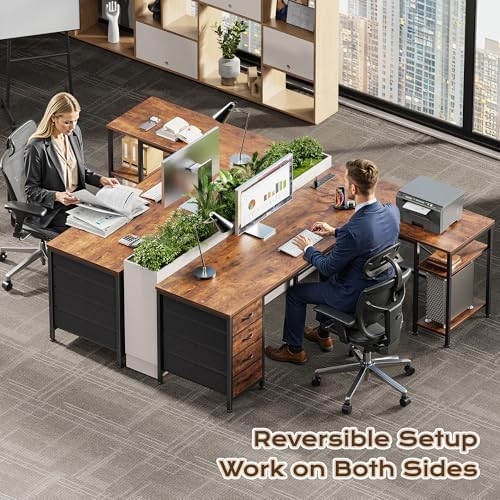 Huuger 55 Inch L Shaped Desk with Fabric Drawers, Reversible Computer Gaming Desk with Power Outlets and USB-C Port, Adjustable Side Storage Shelves, for Work Corner Home Office, Rustic Brown