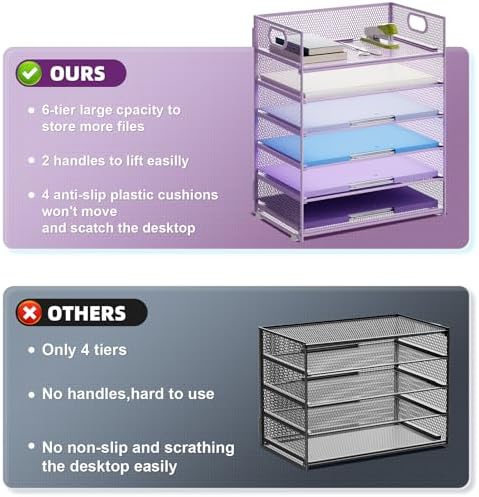 Marbrasse 2 Pack Desk Organizer with Handle, 6 Tier Paper Letter Tray, Mesh Desk File Organizer for Office, School and Home - Purple