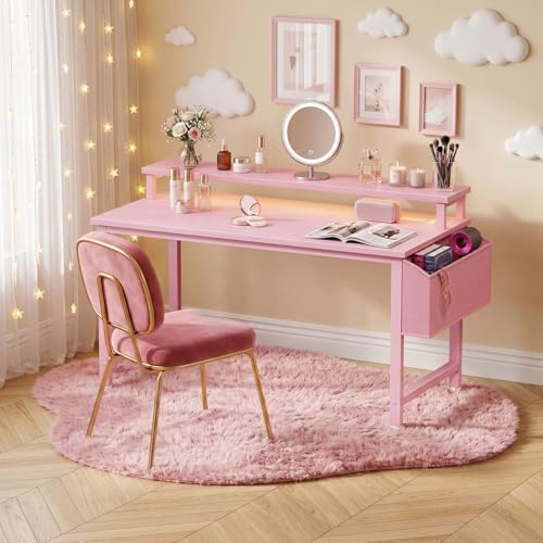 Lufeiya Girls Desk with Power Outlets and LED Lights, 40 Inch Gaming Desk Table with Charging Station, Home Office Computer Desks with Monitor, Pink