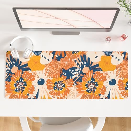 QiyI PU Leather Large Mouse Pad, Office Decor, 31.5" x 11.8", Orange Flower