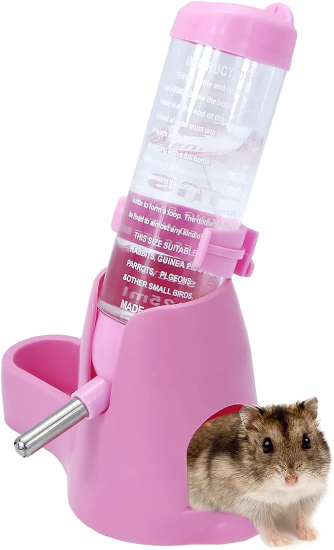 Wontee 3 in 1 Hamster Water Bottle with Food Bowl Hideout Base, 125ML, Pink | Water dispenser, food container, hideout, stable base, easy to refill, for glass tank/cage, dwarf hamster/mouse/gerbil, 4.2oz
