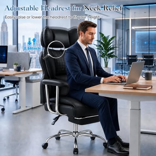 Big and Tall Office Chair 350 LBS, Scratch-Resistant PU Leather Executive Office Desk Chair with Footrest, Ergonomic Reclining Computer Chair with Pocket Spring Support for Home Office, Black