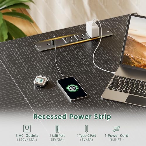Furologee 63" L Shaped Desk with Power Outlets & USB-C Port, Reversible Corner Computer Desk with 3 Fabric Drawers, Hooks, Home Office Desk for Gaming, Writing, Work, Black