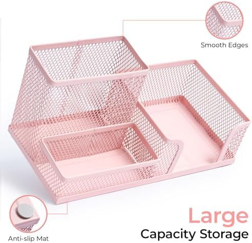 M&G Mesh Pen Holder Desk Organizers Pencil Holder for Desk Pink, 3 Compartments Metal Office Supply Organizer with Sticky Notes Holder for Home Office