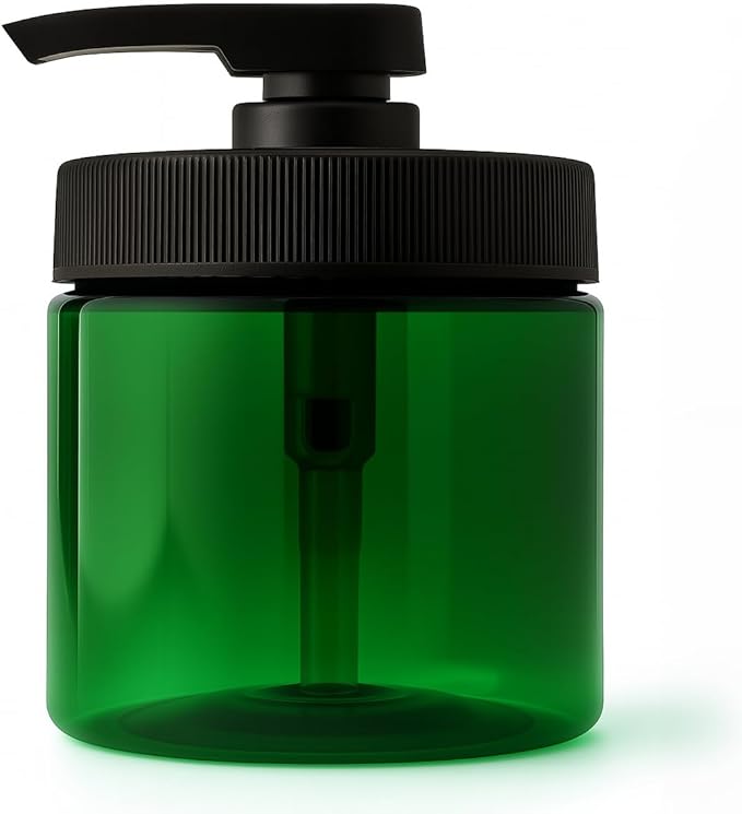 Royal Massage 16oz Refillable Pump Jar with Locking Dip Tube Dispenser – BPA-Free Plastic Container for Massage Oils, Lotions, Creams – Ribbed Lid Wide-Mouth Jar – Durable & Reusable (Green/Black, 12)