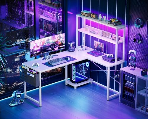 AODK L Shaped Desk Gaming Desk with LED Light & Power Outlet