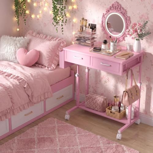 Pink Rolling Desk with Drawers, Small Height Adjustable Girls Standing Desk