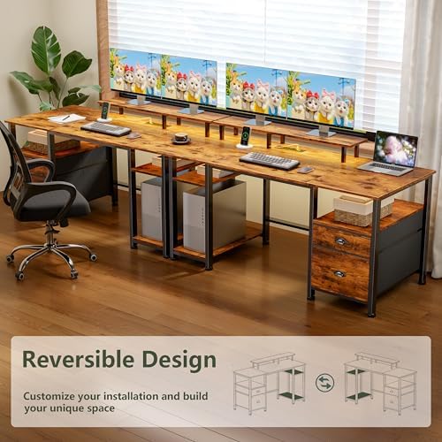Furologee 51" Computer Desk with Outlets & LED, Desk with Drawers, Brown