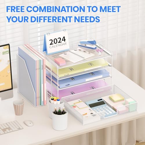 OPNICE Desk Organizer, 4-Tier Desktop File Organizer with Drawer and Pen Holders, Office Desk Accessories, File Sorters, Workspace Organizers for Office Supplies(White)