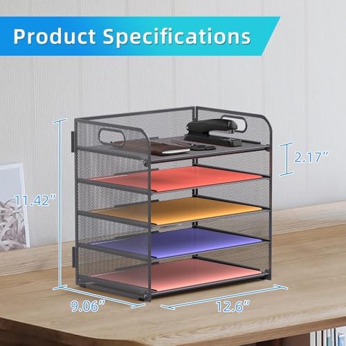 Supeasy 5 Trays Paper Organizer Letter Tray with Handle-Mesh Desk File Organizer, Grey Paper Sorter Desk Organizer for Office, Home or School