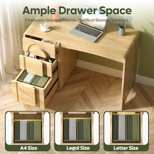 Bestier 47" Home Office Desk with 3 Drawers, Executive Style, Natural Oak