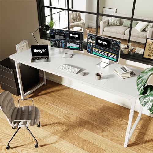 Huuger Computer Desk, 70 Inch Office Desk, Gaming Desk with Storage, Writing Desk Work Desk for Home Office, Study, Long Simple Desk, Large Legroom, Metal Frame, White