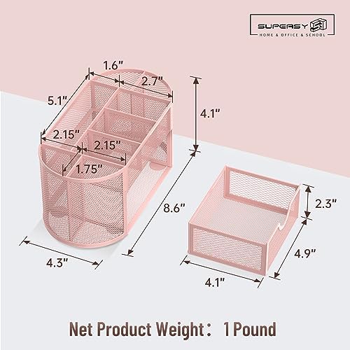 Mesh Desk Organizer with Drawer, 9-Compartment Pen Holder for Desk, Pink