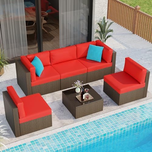 6 Pieces Patio Furniture Set Outdoor Couch Wicker Sectional Sofa, Red