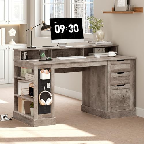 55-Inch Farmhouse Executive Desk with 2 Drawers and File Cabinet, Computer Desk with 3-Tier Storage Shelves, Home Office Desk with Charging Station, Pegboard and Monitor Shelf, Gray