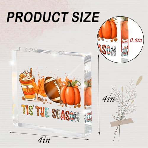 Fall Football Pumpkin Acrylic Sign 4x4in, Thanksgiving Home Office Decor