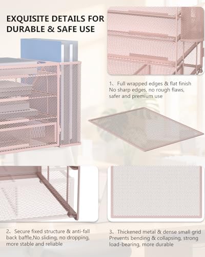 WALI Desk File Organizer, 4 Tier Desktop Paper Letter Tray Organizer with Drawer and 2 Pen Holders, Office Desk Accessories & Workspace Organizers for Office, Home Supplies(DO005DH-P), 1 Pack, Pink