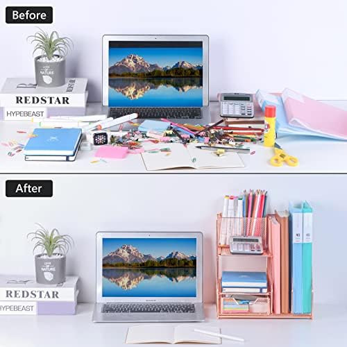 Topwey Rose Gold Desk Accessories, Office Supplies Desk Organizer Caddy with Sliding Drawer, Double Tray, File Organizer and pen holder for Home, Office School