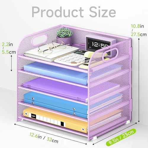 Cawukege 5 Tier Paper Organizer with Handle, Metal Mesh Desk Organizer File Folder Paper Letter Tray Desktop Document Sorter for Classroom, School, Office Accessories Organization and Storage - Purple
