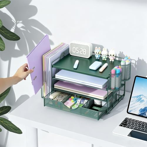 gianotter Wood Desk Organizers and Accessories with File Holder, 4-Tier Desk Accessories & Workspace Organizers with Drawer and 2 Pen Holder, Desk Reference Organizer (Green, 4T with Metal Drawer)