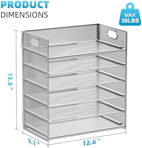 Marbrasse Paper Letter Tray - 6 Tier Mesh File Organizer with Handle, Paper Sorter for Letter/A4 Office File Folder Holder - Silver