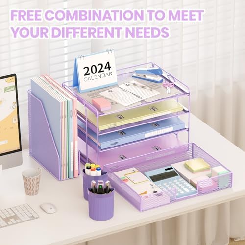 OPNICE Desk Organizer, 4-Tier Desktop File Organizer with Drawer and Pen Holders, Office Desk Accessories, File Sorters, Workspace Organizers for Office Supplies(Purple)