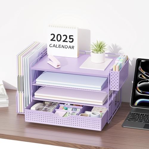 Wood Desk Organizers and Accessories with File Holder, 4-Tier Desk Accessories & Workspace Organizers with Drawer and Pen Holder, Desk Reference Organizer (Purple, 4T with Drawer)