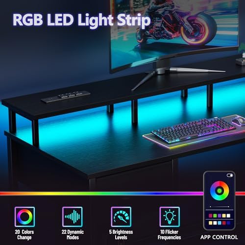 Korfile 61 Inch Gaming Computer Desk with Power Outlets,LED,5 Drawers,Black