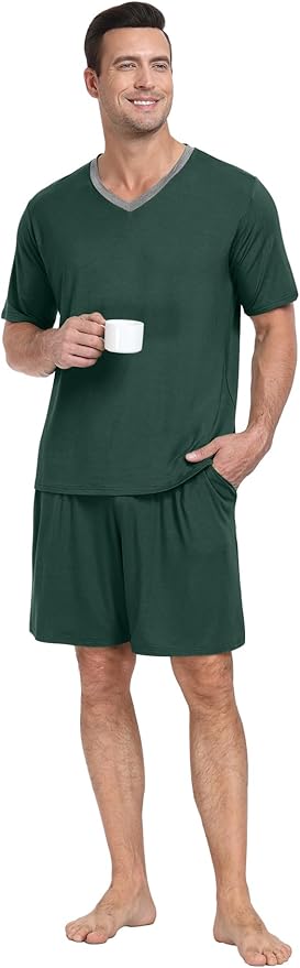 PrinStory Men's Pajama Set Sleepwear Pjs Lightweight Quick Dry Short Sleeve V-Neck Shirts and Shorts Soft Comfy Sleep Sets