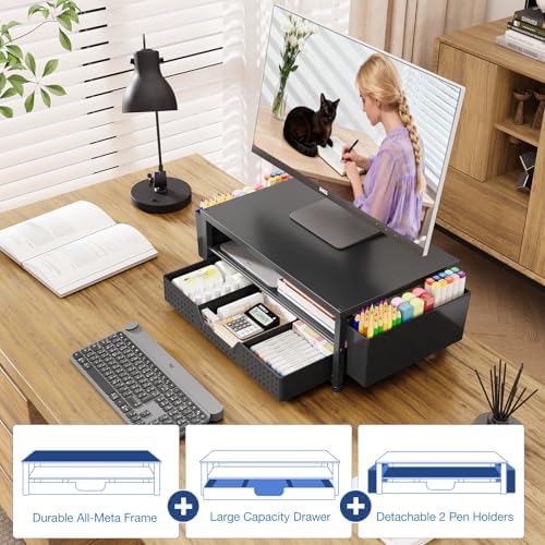 OPNICE Desk Organizers and Accessories, Computer Monitor Stand Riser with Drawer and 2 Pen Holders, Printer & Laptop Stand, Office Desk Accessories & Workspace Organizers for Home Office Supplies, Black