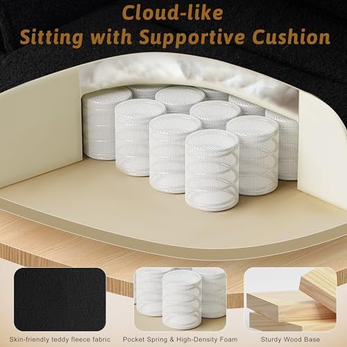 Wider Seat Office Chair with Flip Armrests for Criss Cross Legged&Cats, Big and Tall Executive Ergonomic Reclining Chair with Footrest&Lumbar Pillow, Teddy Fleece Desk Chair,Black Vanity Chair