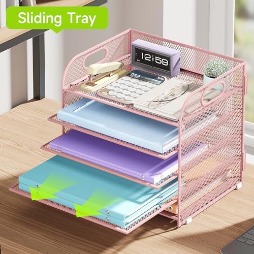 Cawukege 5 Tier Paper Organizer with Handle, Pink Metal Mesh Desk Organizer File Folder Paper Letter Tray Desktop Document Sorter for Classroom, School, Office Accessories Organization and Storage