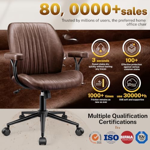 Leather Office Chair with Removable Armrests, Mid Back Ergonomic Desk Chair with Lumbar Support, Adjustable Height Rocking Swivel Executive Chair for Home Office,Reddish Brown